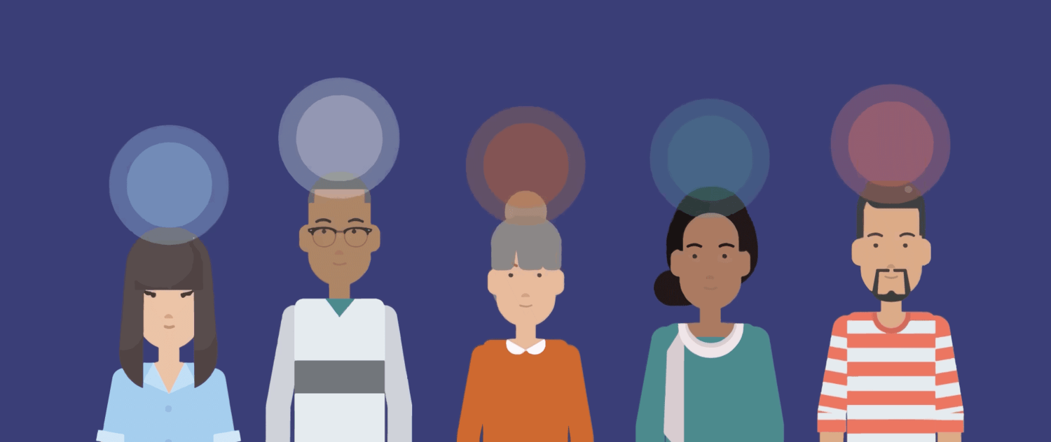 blog header for decoration - displays five people with circles over their heads. Banner for Tips for Managing Remote Teams' Health During Challenging Times