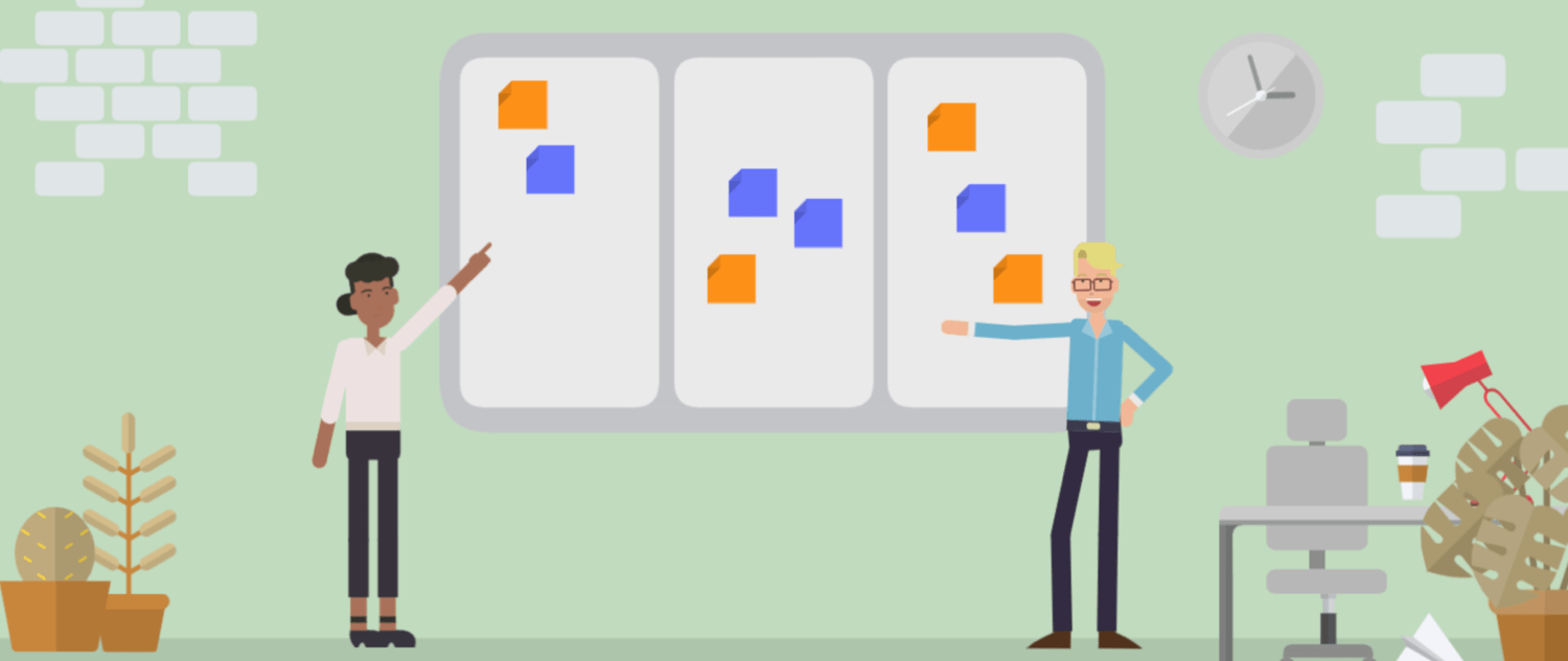 Two coworkers standing at a whiteboard kanban wall with sticky notes.