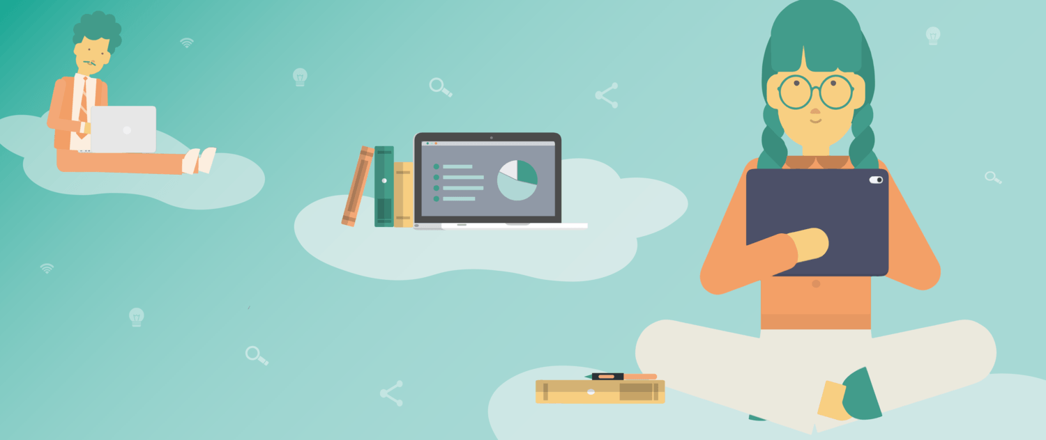 Illustration of professionals sitting amongst the clouds watching eLearning videos on mobile devices. This is also a banner image for 7 tips to develop an effective microlearning strategy