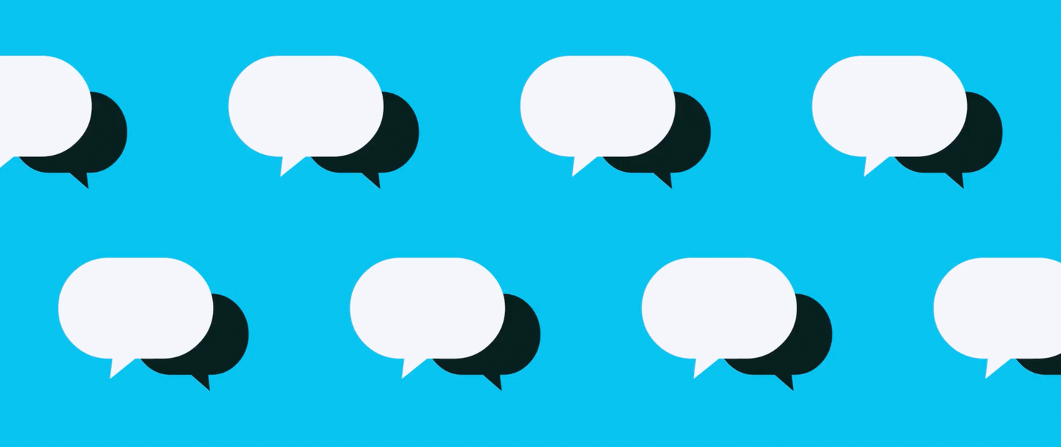 A repeating pattern of speech bubbles set against a solid turquoise background.