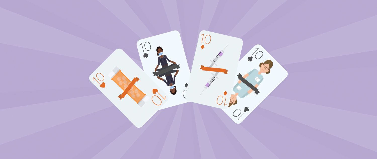 Illustration of four playing cards face up showing animations from healthcare video.