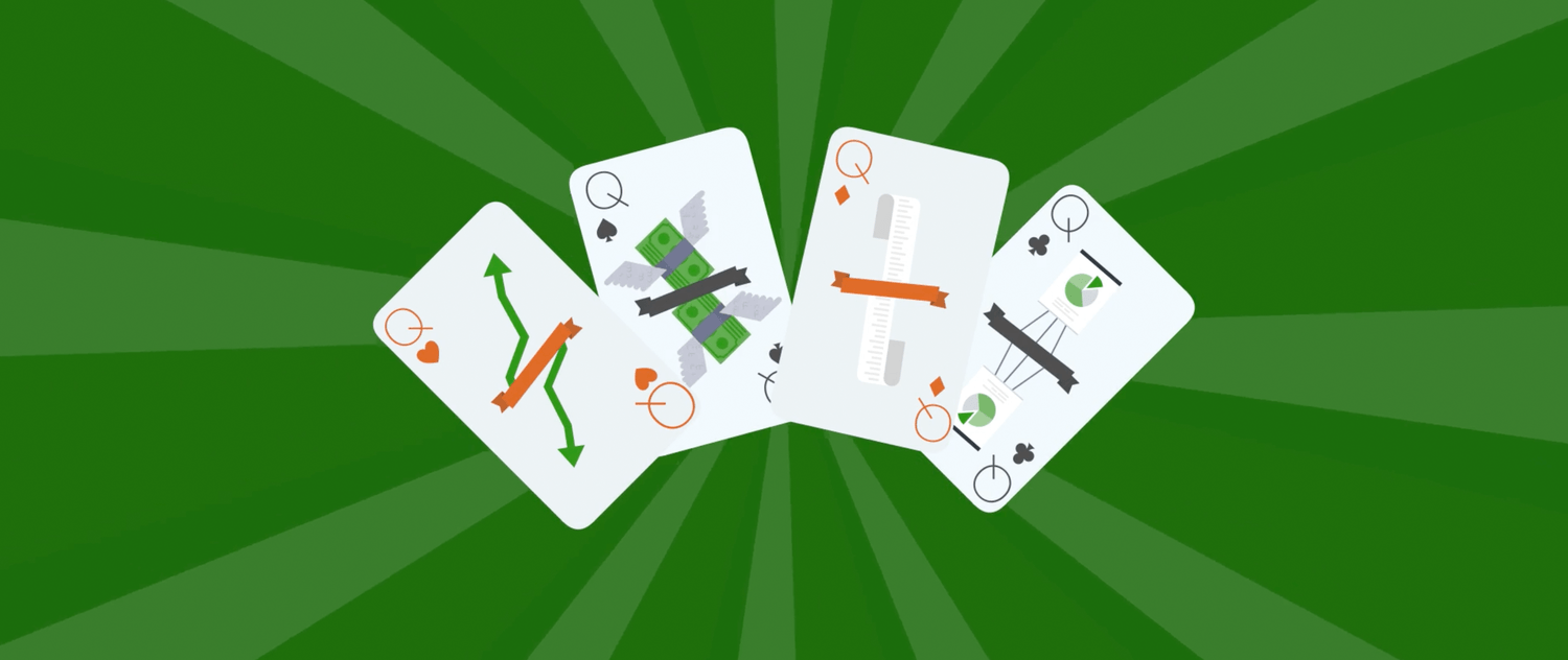 Face-up playing cards showing illustrations related to videos for finance.