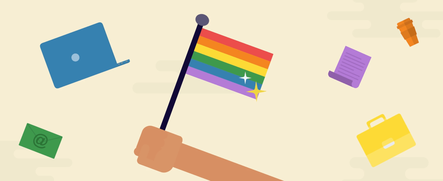 Illustration of a Pride flag amidst various digital marketing tools.