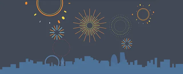 Banner image for blog post "Vyond Celebrates Ninth Consecutive Year of Growth". The image showcases an animated city and fireworks in the sky.