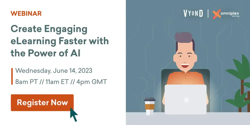 banner image for the webinar "Create Engaging eLearning Faster with the Power of AI". The image showcase a person working on their laptop computer