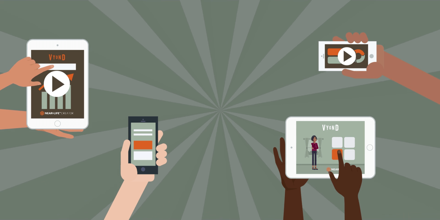 Illustration of eLearning experiences shown on various mobile devices. Banner image for Gamifying training videos webinar with Near-Life