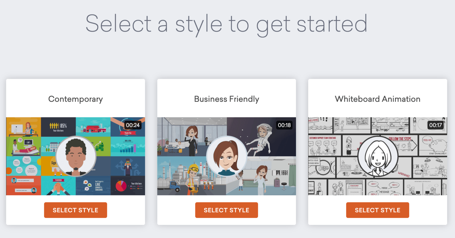 Image of the style selection screen in Vyond Studio. Part of our resource post: How to Use Video in TalentLMS to Create Customer Training. 