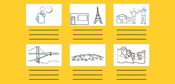 This image shows an example of a storyboard. There are six squares with scenes and lines underneath each square. The lines represent text.