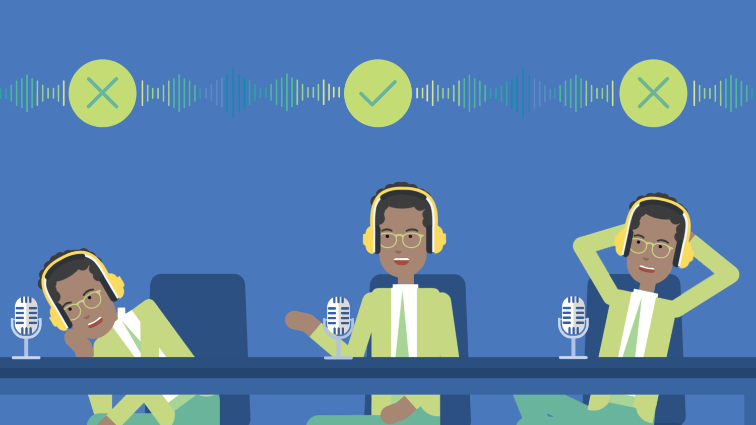 Expert tips to improve your voice over skills. This image shows three versions of the same animated character in three different postures. The middle version show the character sitting upright to properly record a voice over