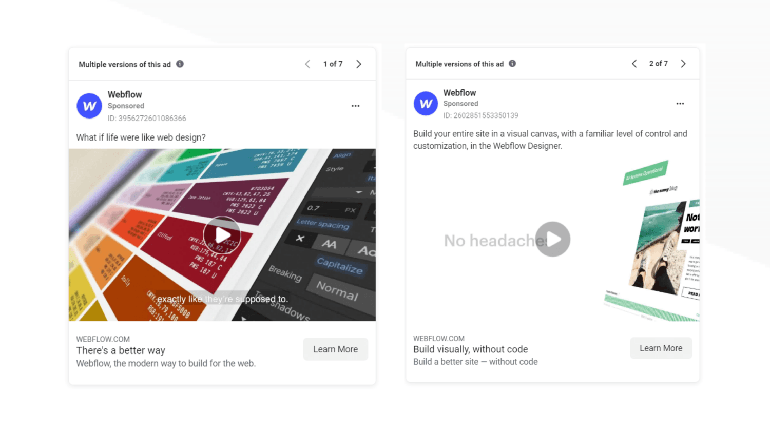Two versions of the same webflow video ad side-by-side.