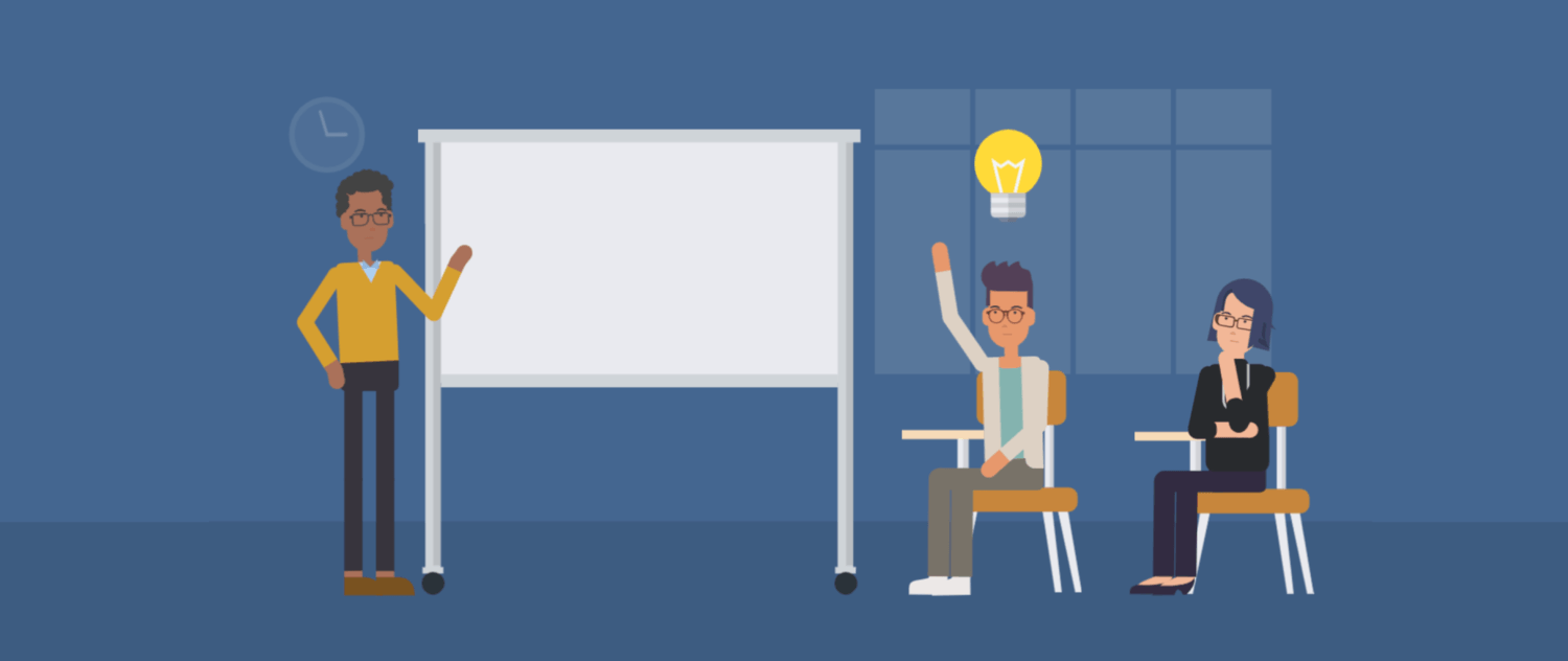 Illustration of a black instructor at a whiteboard with two adult learners, one raising their hand, in desks.