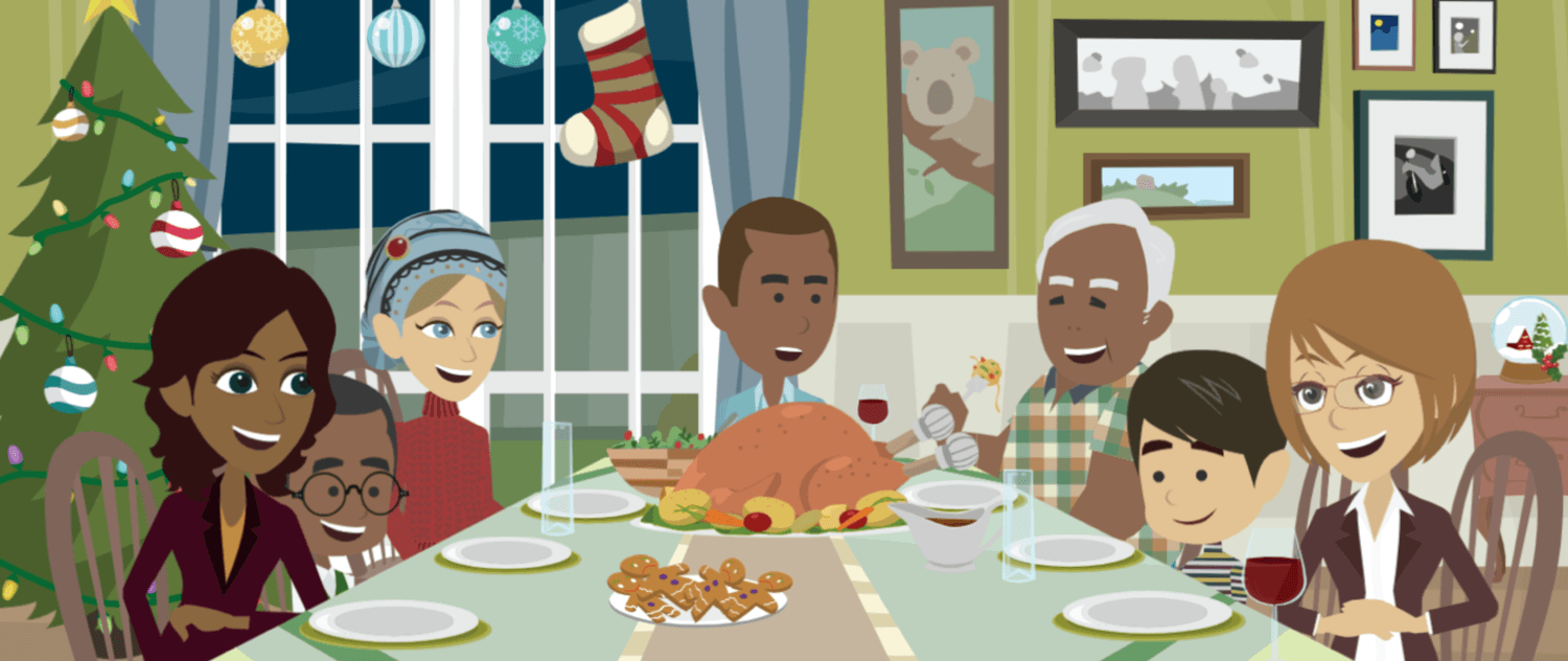 A scene from a holiday video created in Vyond featuring a family have a Buena Noche holiday feast