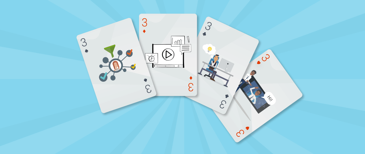 Four playing cards showing scenes from example sales enablement videos.