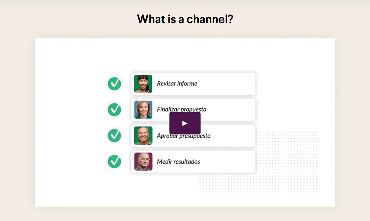 The image showcases a video the company Slack uses to explain what a channel is. The video appears on a landing page for  product description.